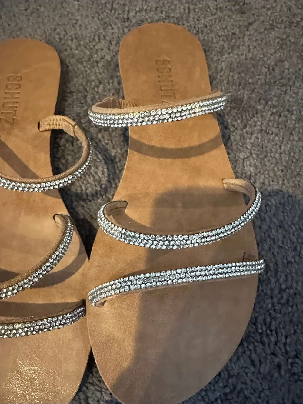 SCHUTZ Tan Slide Sandals with Sparkling Crystal Straps